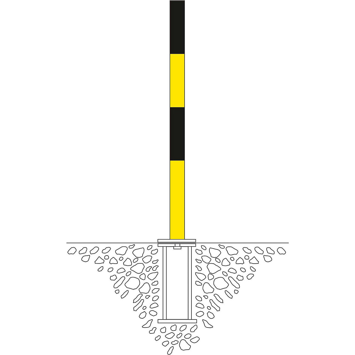 Barrier post made of steel, for setting in concrete, Ø 60 mm, black/yellow, 2 chain eyelets.