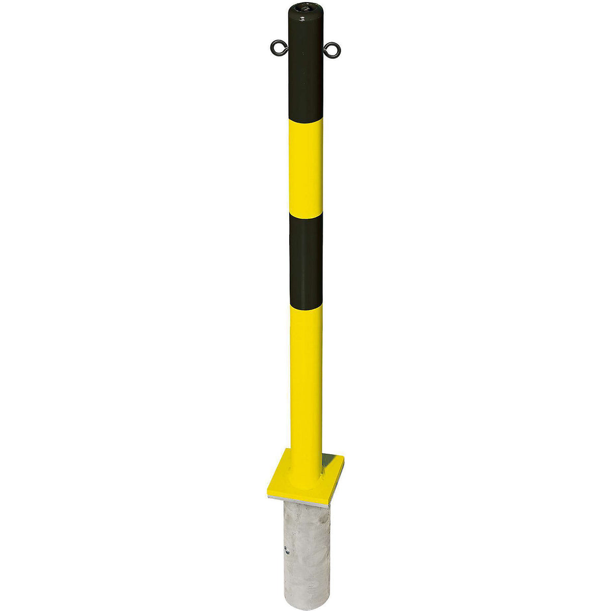 Barrier post made of steel, for setting in concrete, Ø 60 mm, black/yellow, 2 chain eyelets.