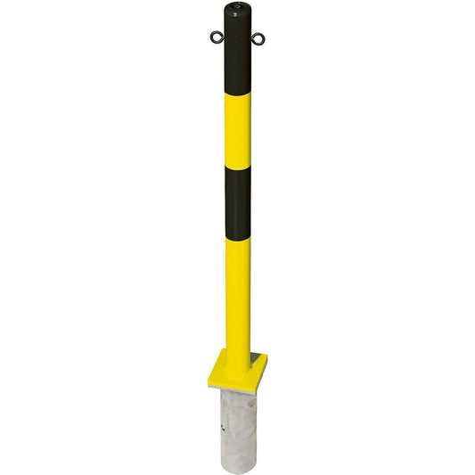 Barrier post made of steel, for setting in concrete, Ø 60 mm, black/yellow, 2 chain eyelets.