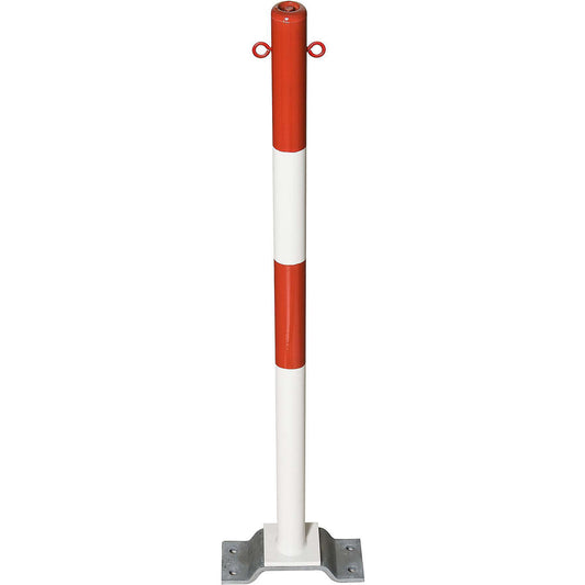 Barrier post made of steel, for bolting in place, Ø 60 mm, red/white, 2 chain eyelets.