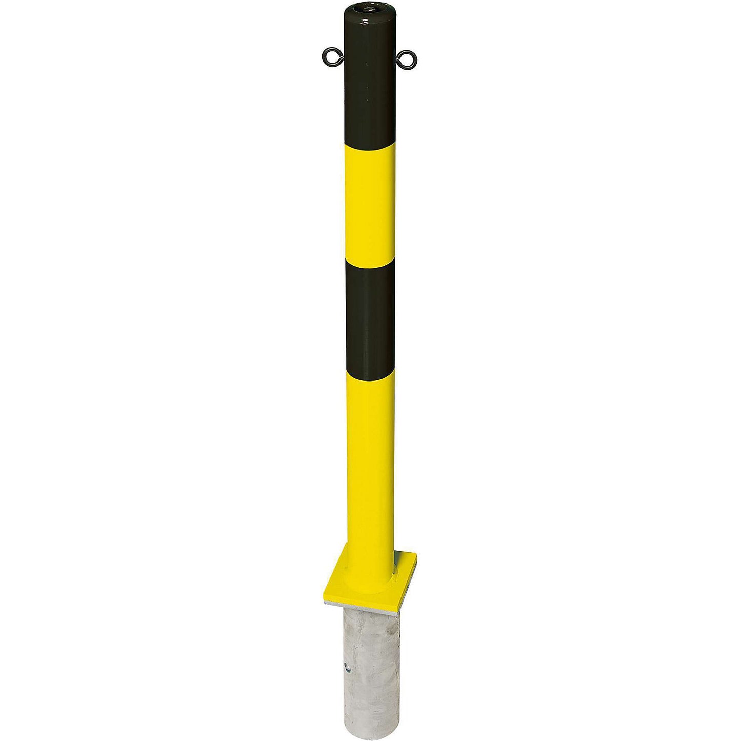 Barrier post made of steel, for setting in concrete, Ø 76 mm, black/yellow, 2 chain eyelets.