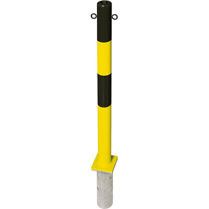 Barrier post made of steel, for setting in concrete, Ø 76 mm, black/yellow, 2 chain eyelets.