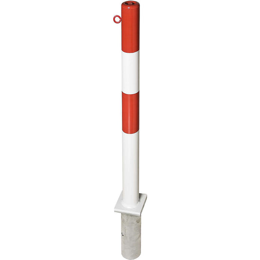 Barrier post made of steel, for setting in concrete, Ø 76 mm, red/white, 1 chain eyelet.