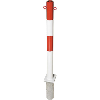 Barrier post made of steel, for setting in concrete, Ø 76 mm, red/white, 2 chain eyelets.