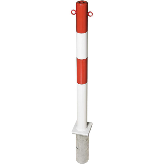 Barrier post made of steel, for setting in concrete, Ø 76 mm, red/white, 2 chain eyelets.
