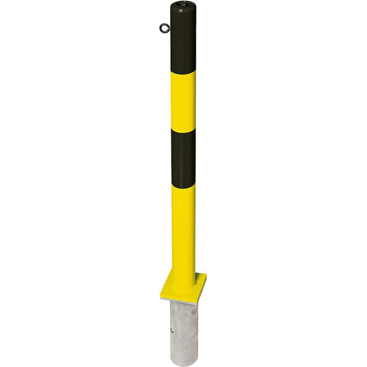 Barrier post made of steel, for setting in concrete, Ø 76 mm, black/yellow, 1 chain eyelet.