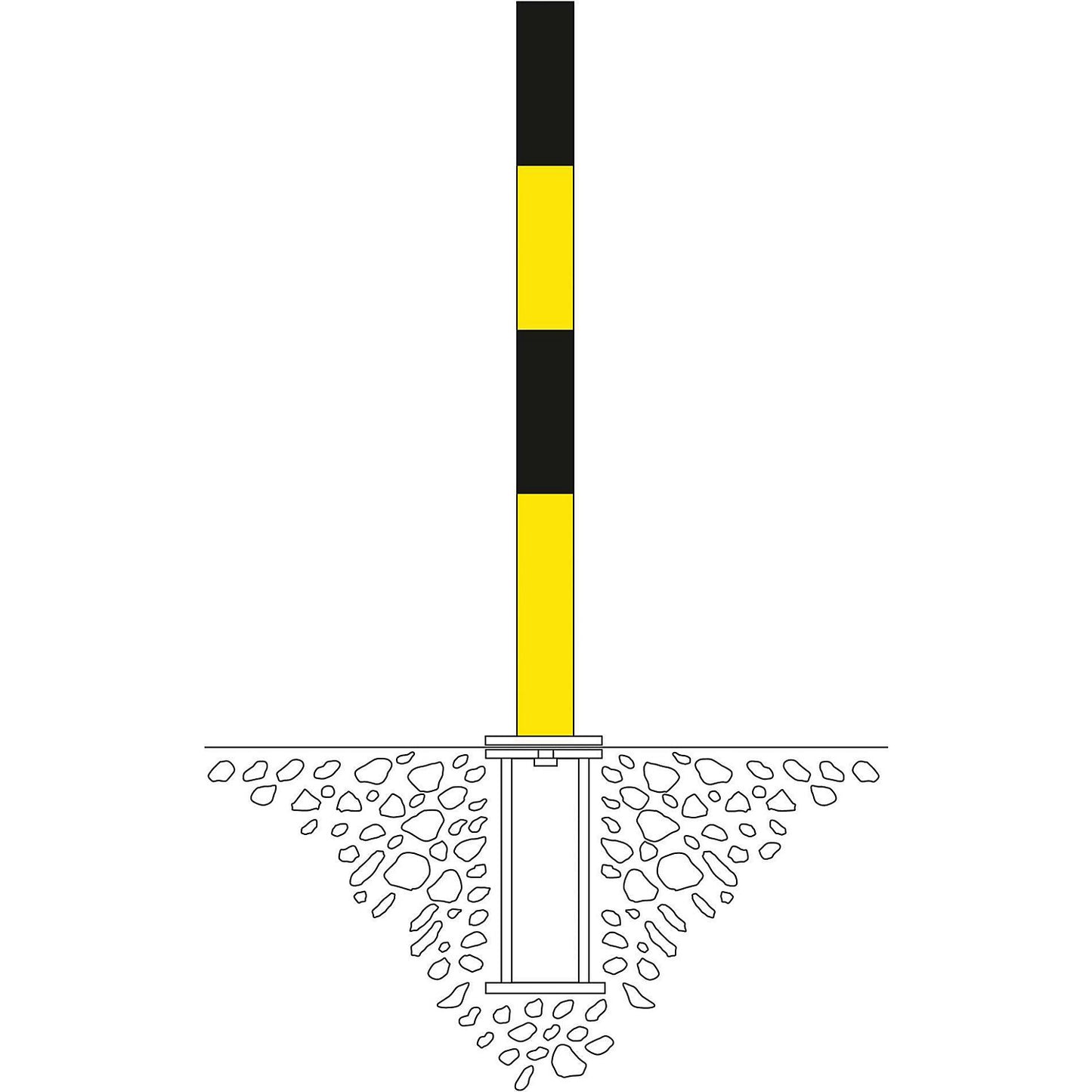 Barrier post made of steel, for setting in concrete, Ø 76 mm, black/yellow, 2 chain eyelets.