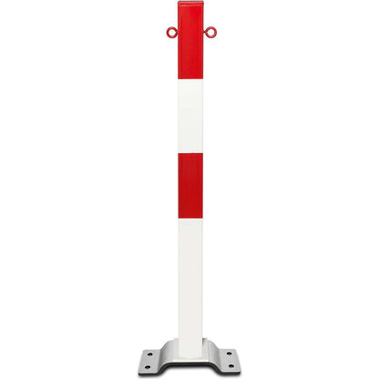 Barrier post made of steel, for bolting in place, 70 x 70 mm, red/white, 2 chain eyelets.