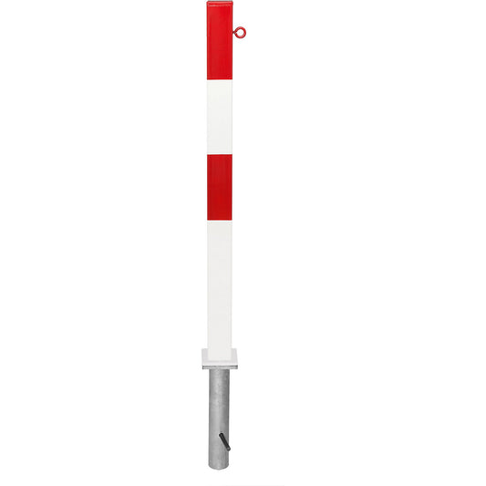 Barrier post made of steel, for setting in concrete, 70 x 70 mm, red/white, 1 chain eyelet.