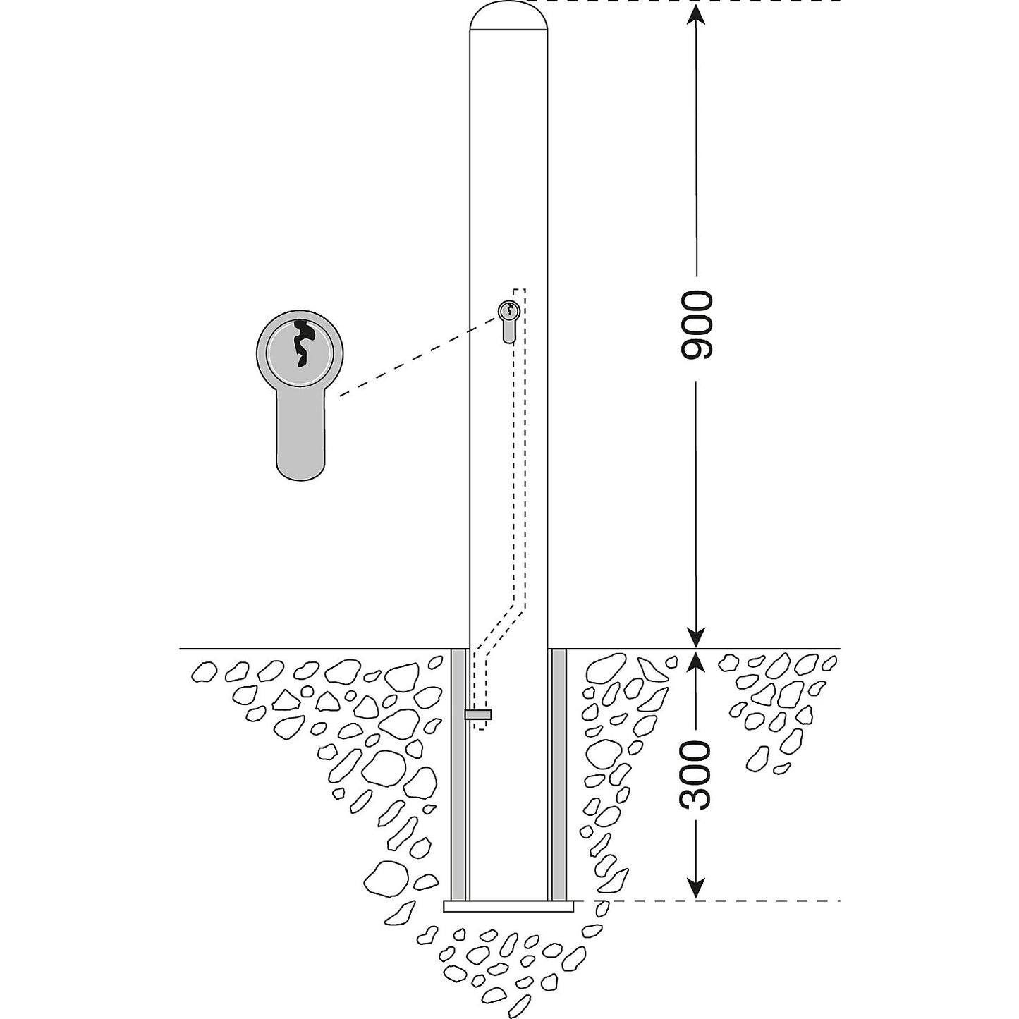 Stainless steel bollard, ground sleeve for removal, with cylinder lock, Ø 108 mm.