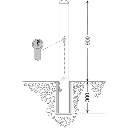 Stainless steel bollard, ground sleeve for removal, with cylinder lock, Ø 108 mm.