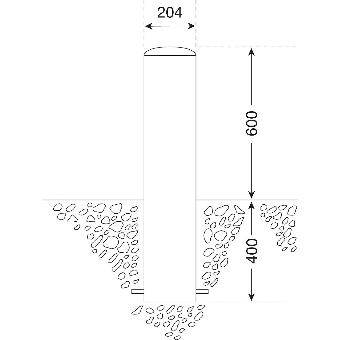 XL stainless steel bollard, for concreting in, Ø 204 mm.