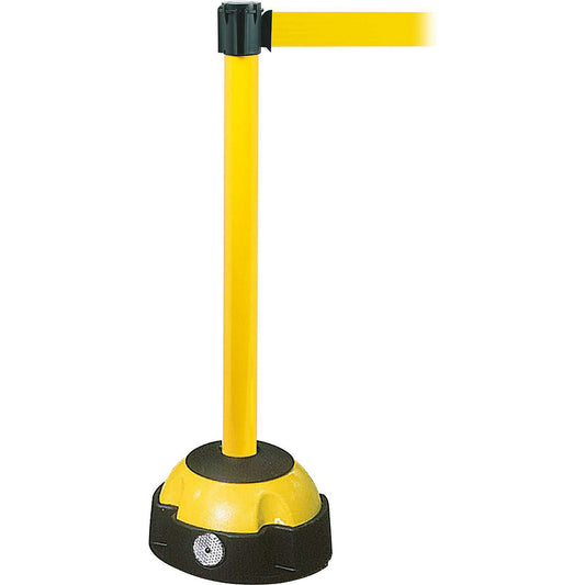 Belt barrier, warning stand, extension length 5000 mm, post yellow, belt yellow.