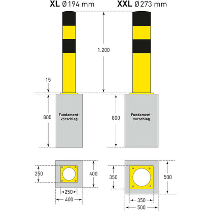 Crash protection bollard, size XL, black/yellow, for bolting in place.