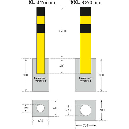 Crash protection bollard, size XL, black/yellow, for concreting in.