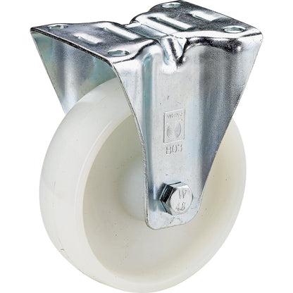 Nylon wheel, sheet steel housing, wheel Ø x width 125 x 38 mm, fixed castor, plain bearing.