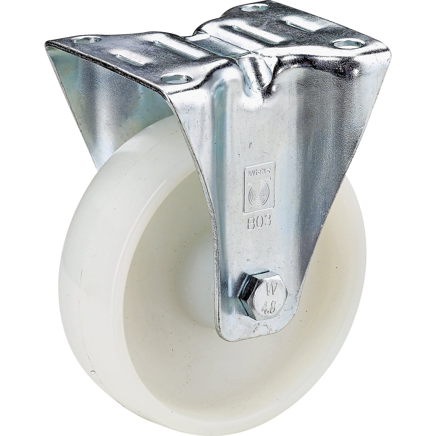Nylon wheel, sheet steel housing, wheel Ø x width 100 x 38 mm, fixed castor, roller bearing.