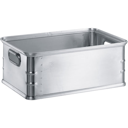 Transport and stacking containers made of aluminium, capacity 37 l, for use on roller conveyors.