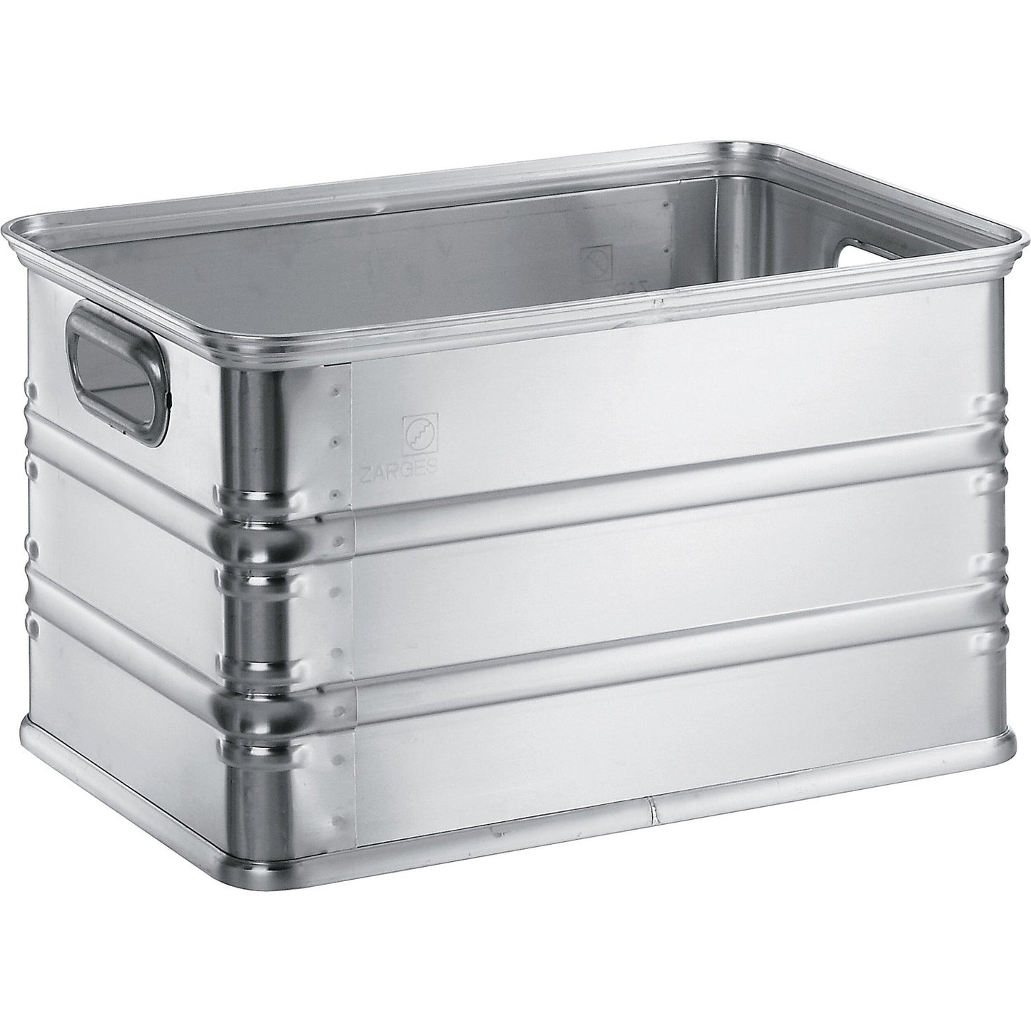 Transport and stacking containers made of aluminium, capacity 55 l, for use on roller conveyors.