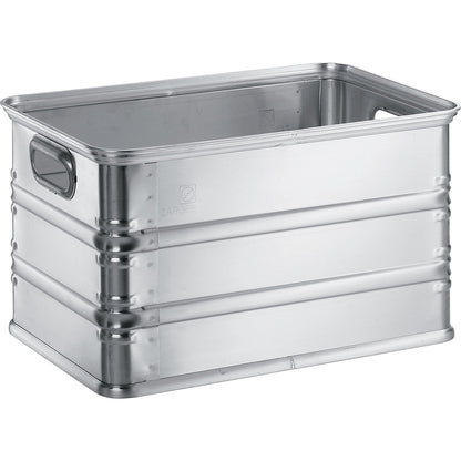 Transport and stacking containers made of aluminium, capacity 55 l, for use on roller conveyors.