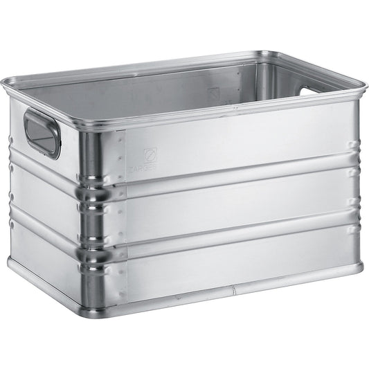 Transport and stacking containers made of aluminium, capacity 55 l, for use on roller conveyors.