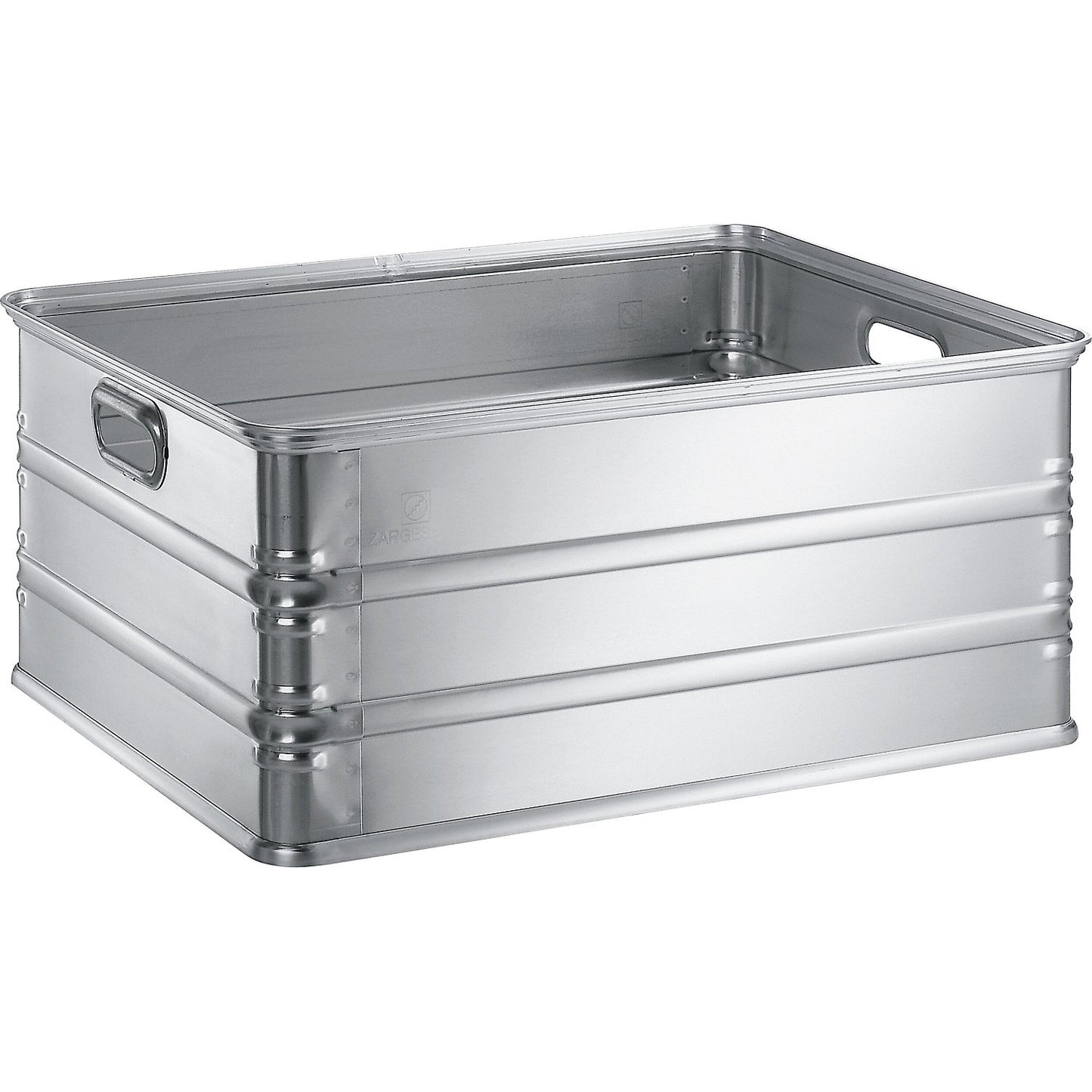 Transport and stacking containers made of aluminium, capacity 117 l, for use on roller conveyors.