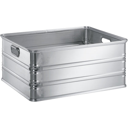 Transport and stacking containers made of aluminium, capacity 117 l, for use on roller conveyors.