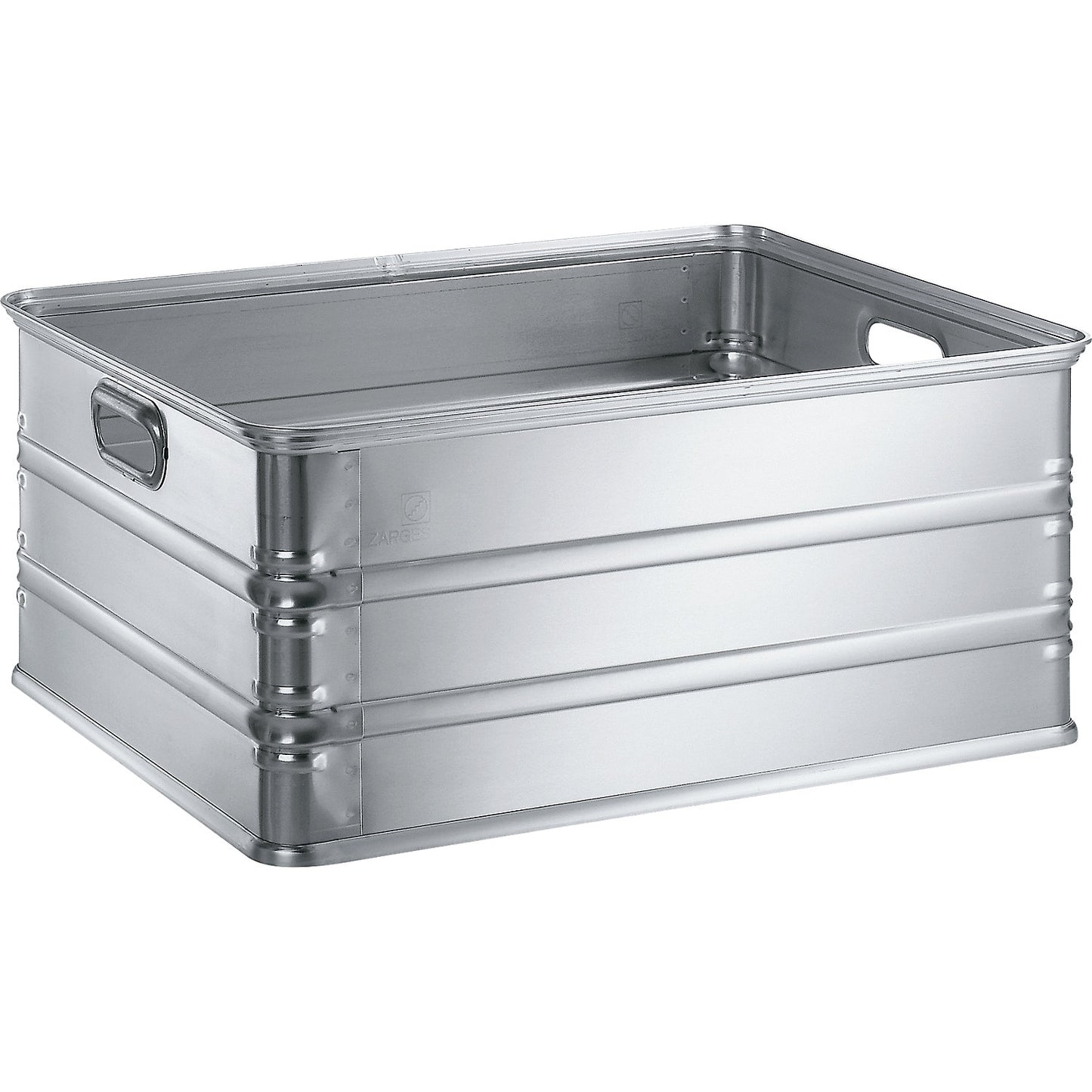 Transport and stacking containers made of aluminium, capacity 117 l, for use on roller conveyors.