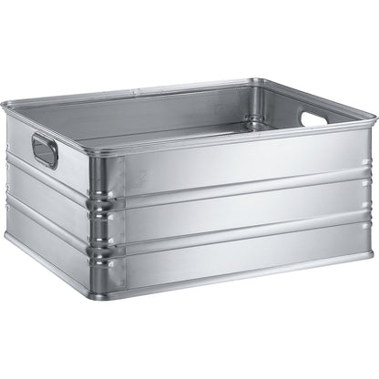 Transport and stacking containers made of aluminium, capacity 117 l, for use on roller conveyors.