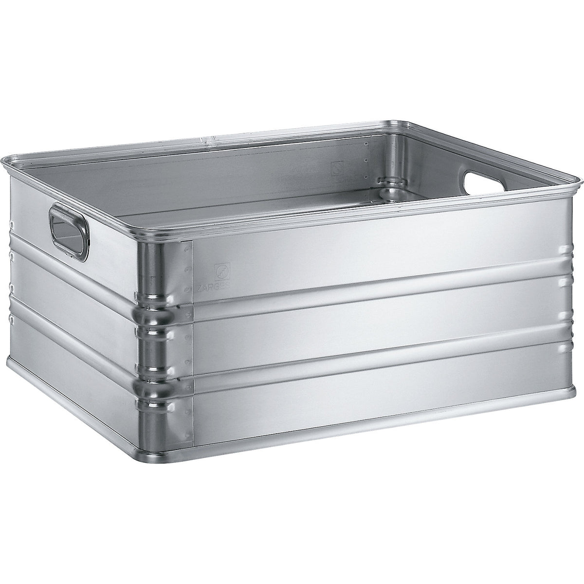 Transport and stacking containers made of aluminium, capacity 117 l, for use on roller conveyors.