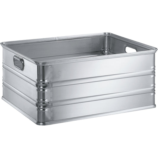 Transport and stacking containers made of aluminium, capacity 117 l, for use on roller conveyors.