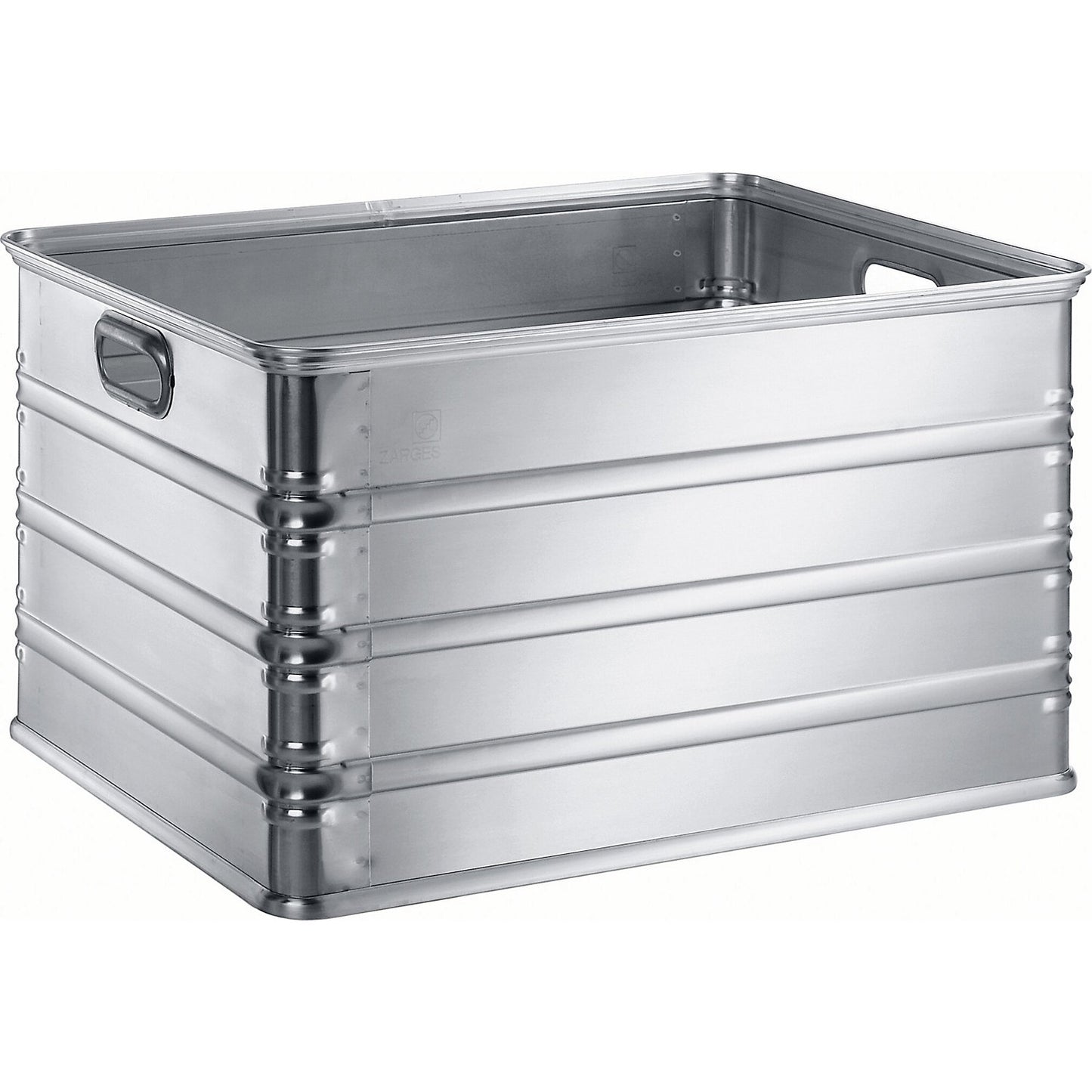 Transport and stacking containers made of aluminium, capacity 155 l, for use on roller conveyors.