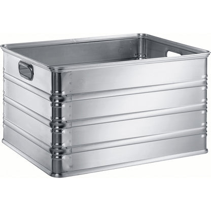 Transport and stacking containers made of aluminium, capacity 155 l, for use on roller conveyors.