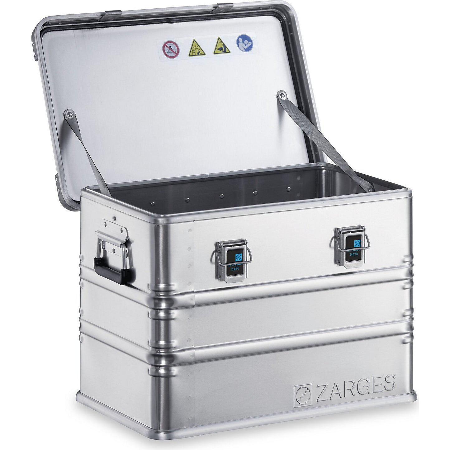 Aluminium transport case, capacity 73 l, internal LxWxH 550 x 350 x 380 mm, robust construction.
