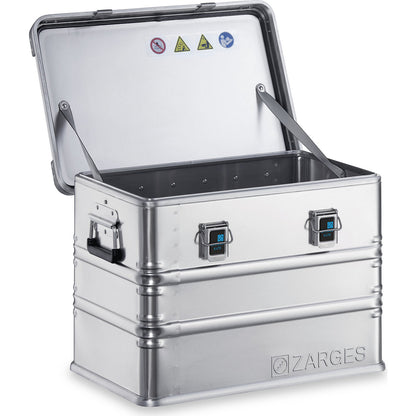 Aluminium transport case, capacity 73 l, internal LxWxH 550 x 350 x 380 mm, robust construction.