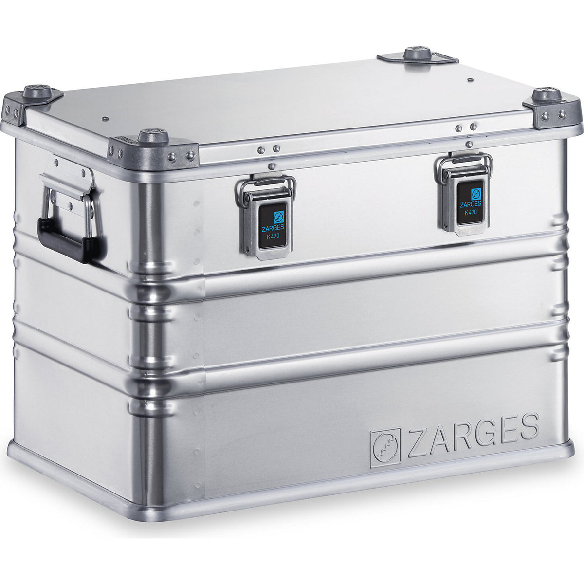 Aluminium transport case, capacity 73 l, internal LxWxH 550 x 350 x 380 mm, robust construction.
