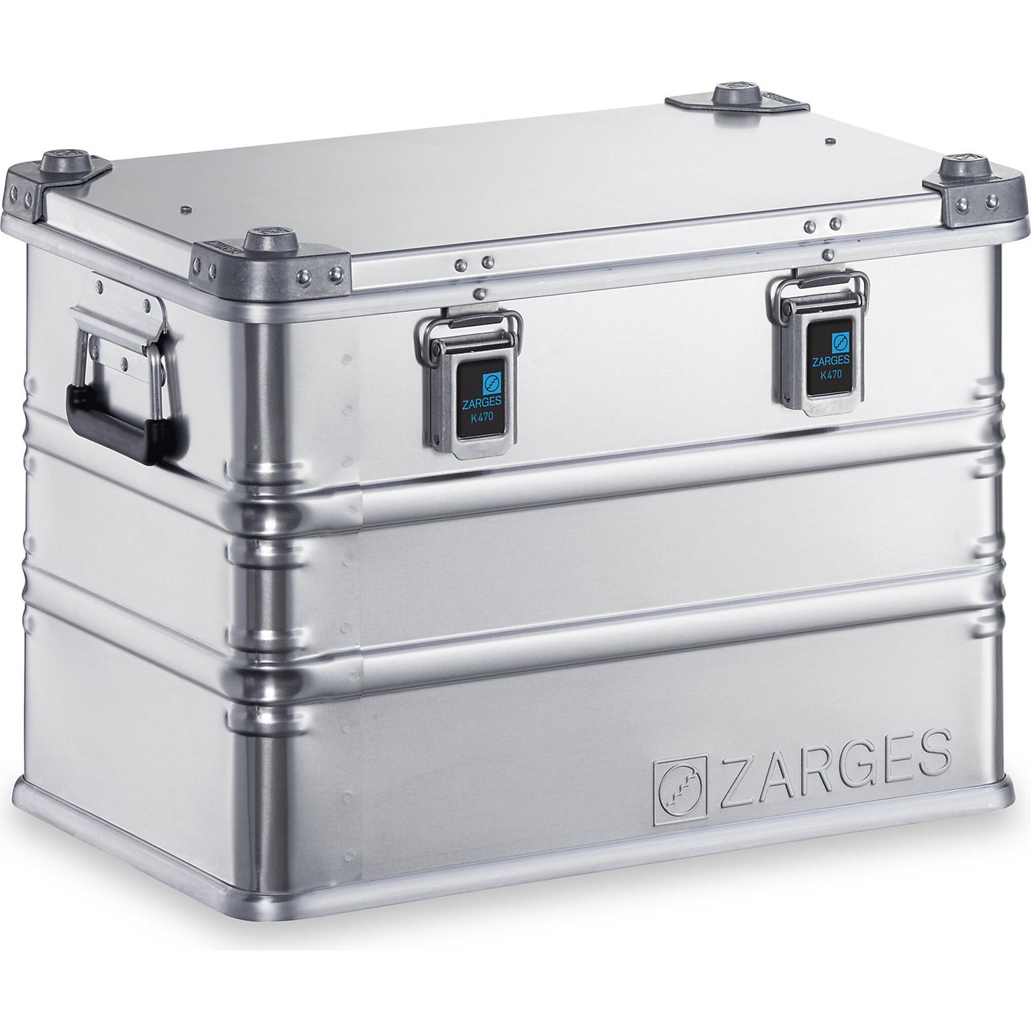 Aluminium transport case, capacity 73 l, internal LxWxH 550 x 350 x 380 mm, robust construction.