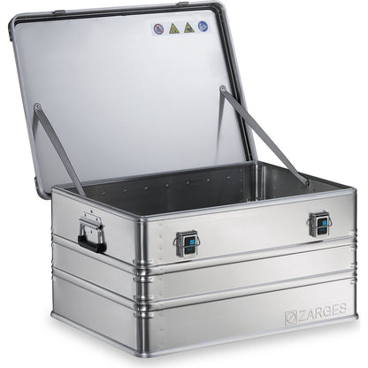 Aluminium transport case, capacity 157 l, internal LxWxH 750 x 550 x 380 mm, robust construction.