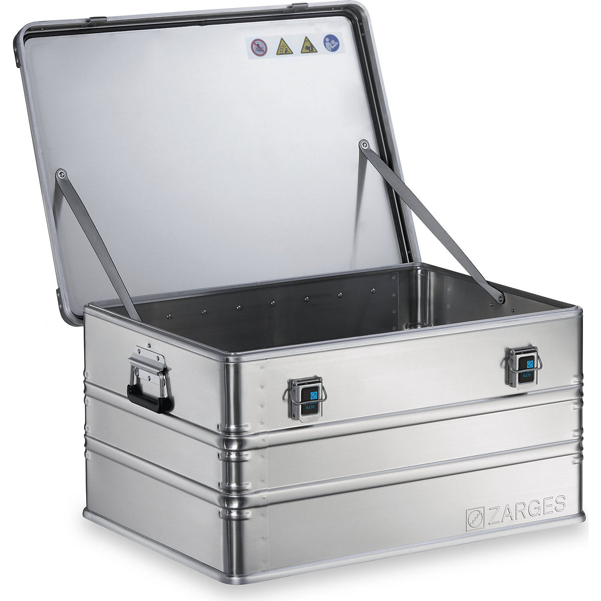 Aluminium transport case, capacity 157 l, internal LxWxH 750 x 550 x 380 mm, robust construction.