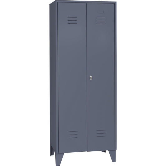 Berlin 2 locker for cleaning products, W 700 mm, 4 shelves, 5 clamps, blue grey RAL 7031.