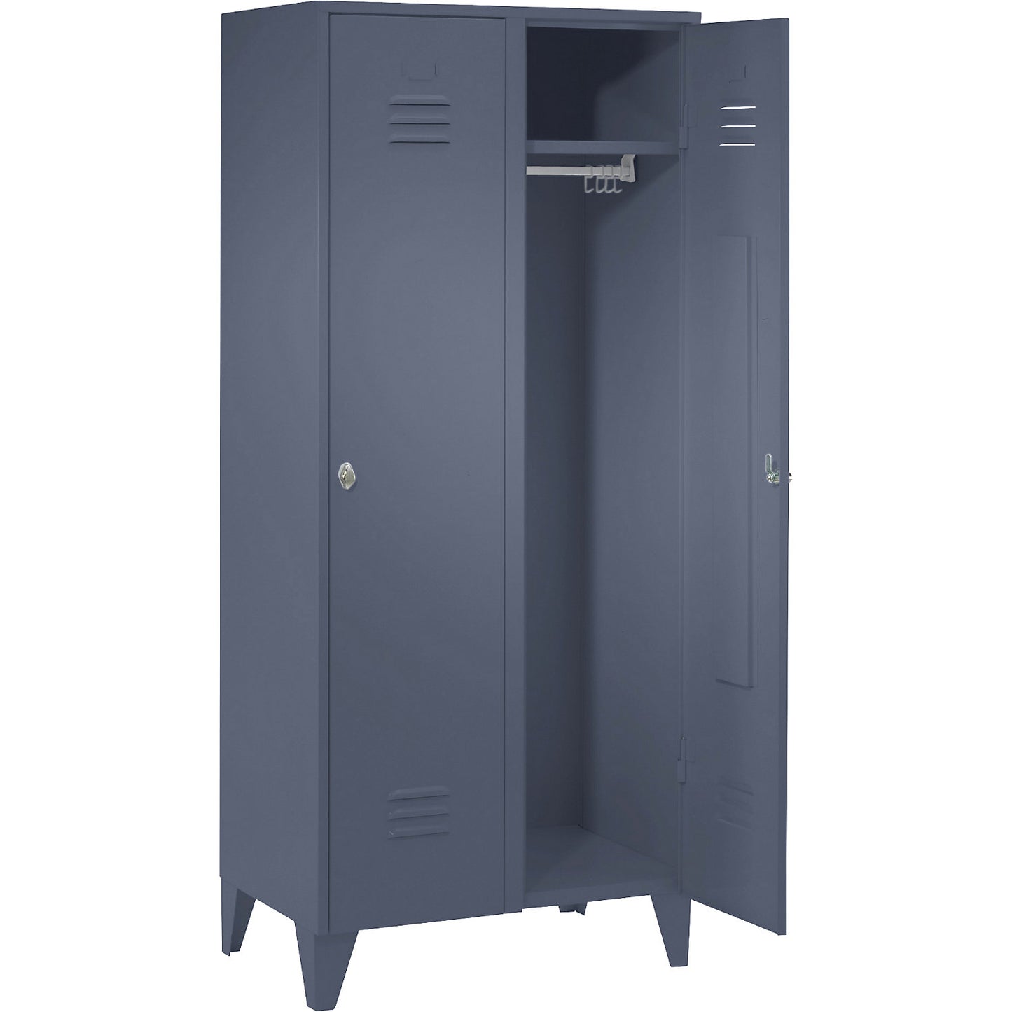 Berlin 2 clothes locker, 2 compartments, blue grey, width 800 mm, flat roof shape.