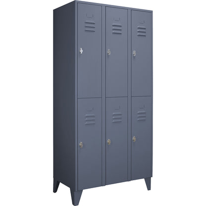 Berlin 2 double deck clothes locker, 3 compartments, blue grey, width 900 mm, flat roof shape.