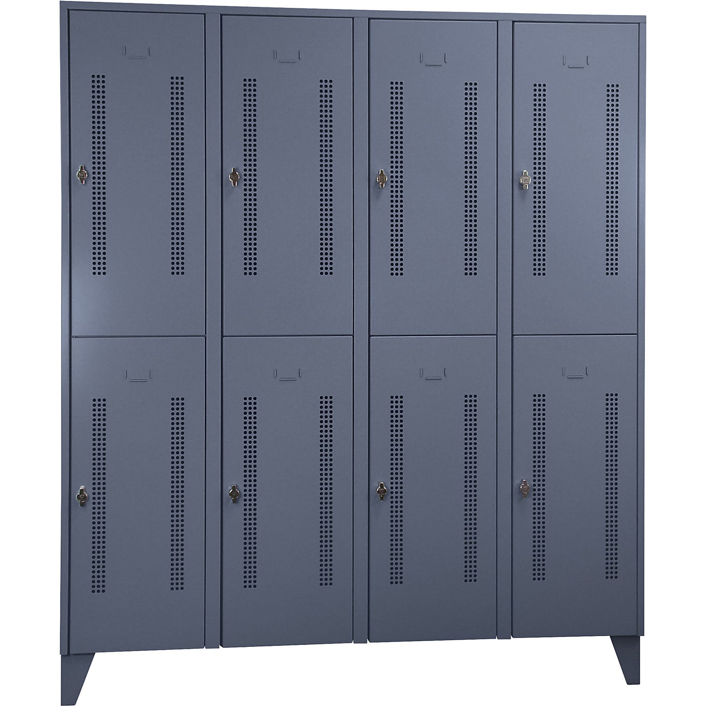 Berlin 1 double deck clothes locker, 4 sections, blue grey, width 1600 mm, 8 compartments.