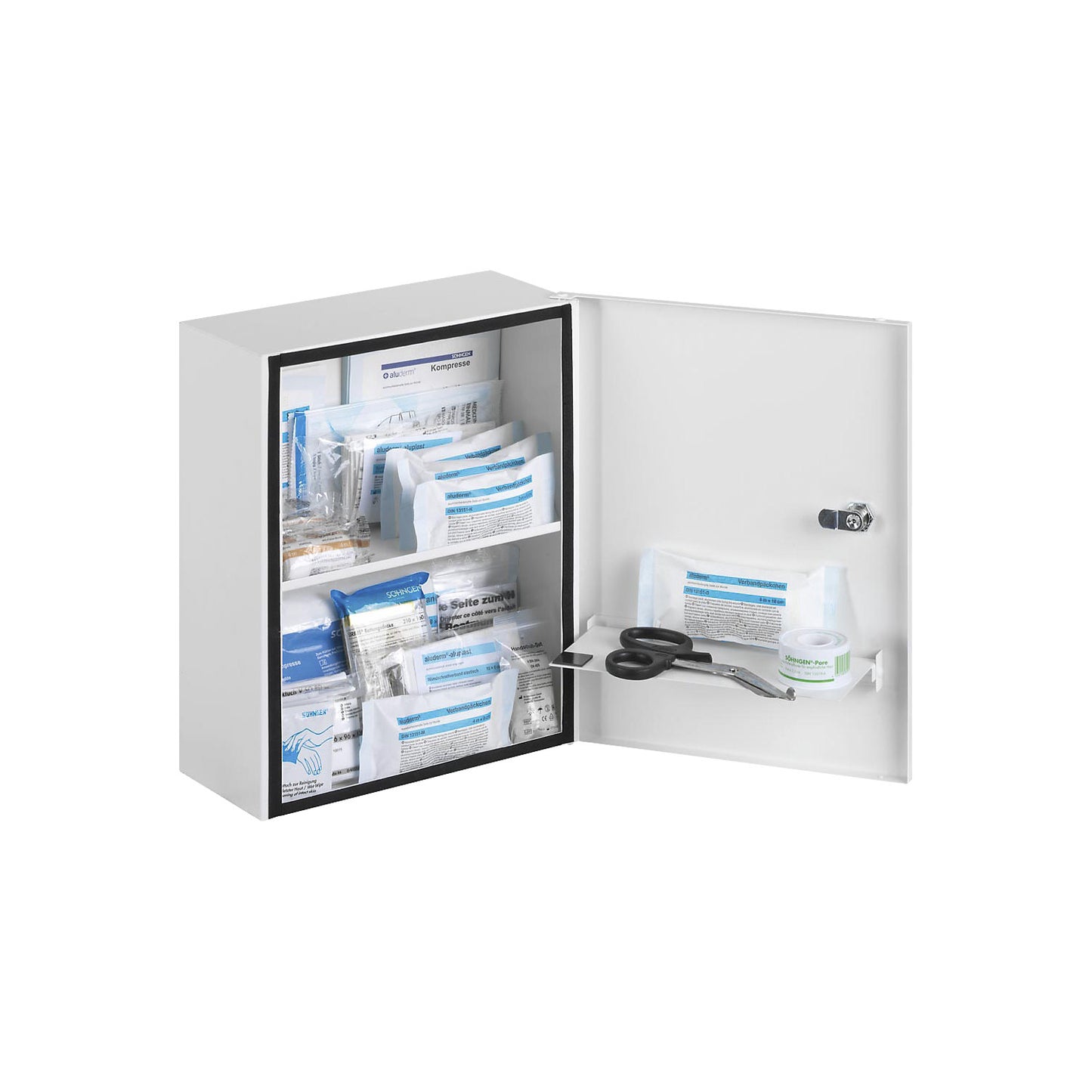 First aid cupboard, DIN 13157, with contents, white, depth 140 mm, HxW 362 x 302 mm.