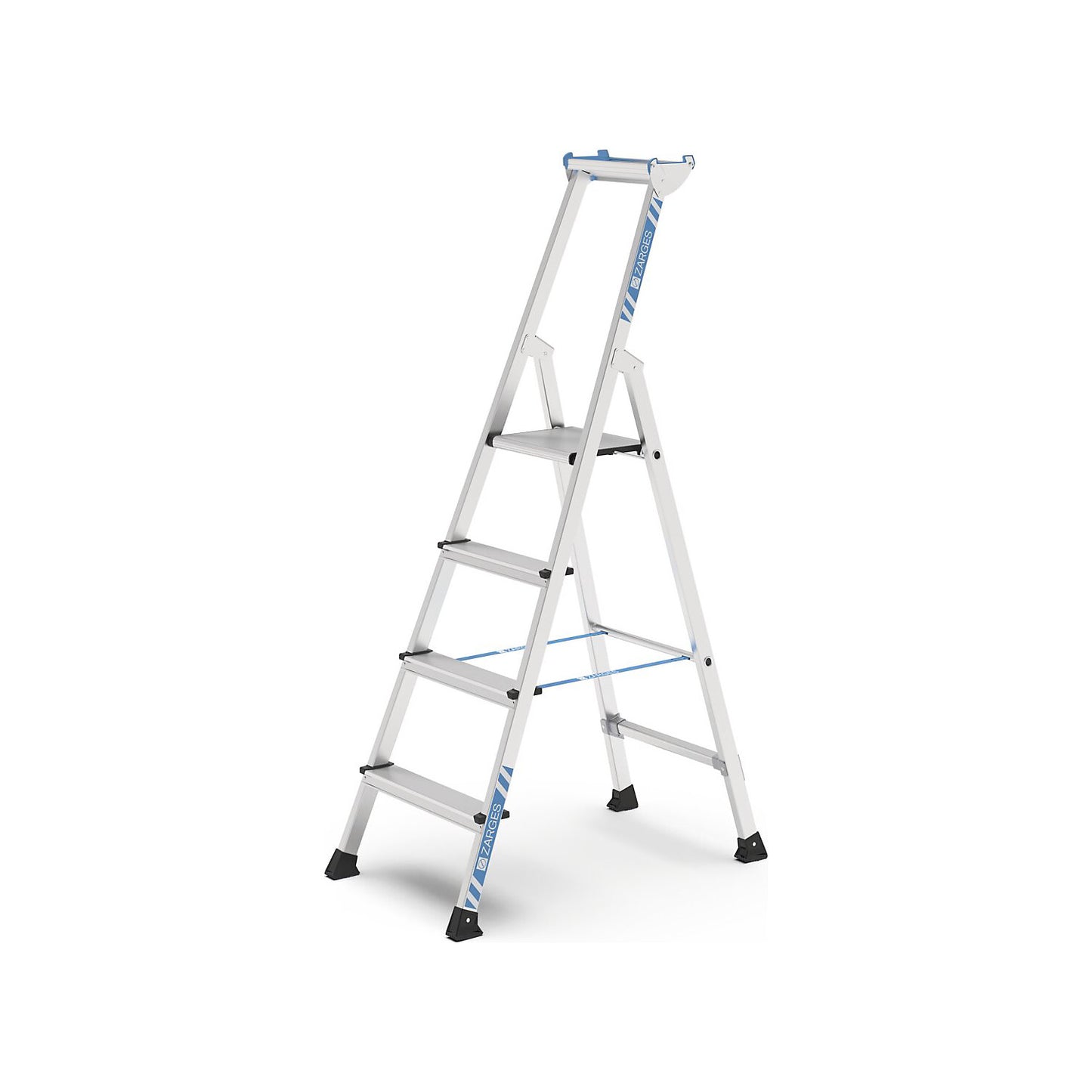Professional step ladder, single sided access, anodised aluminium, with tool tray, for workshop and industrial use, 4 steps inclusive platforms.