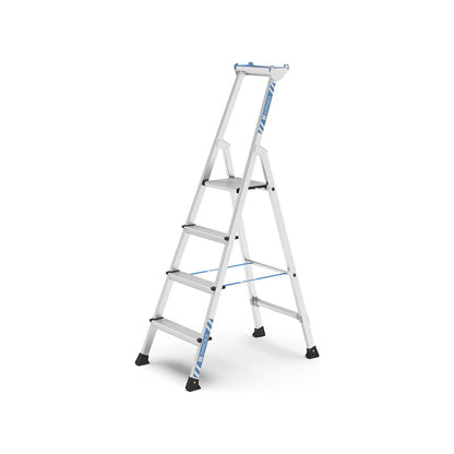 Professional step ladder, single sided access, anodised aluminium, with tool tray, for workshop and industrial use, 4 steps inclusive platforms.