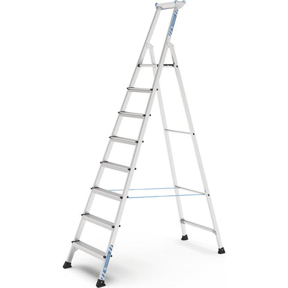 Professional step ladder, single sided access, anodised aluminium, with tool tray, for workshop and industrial use, 8 steps inclusive platforms.