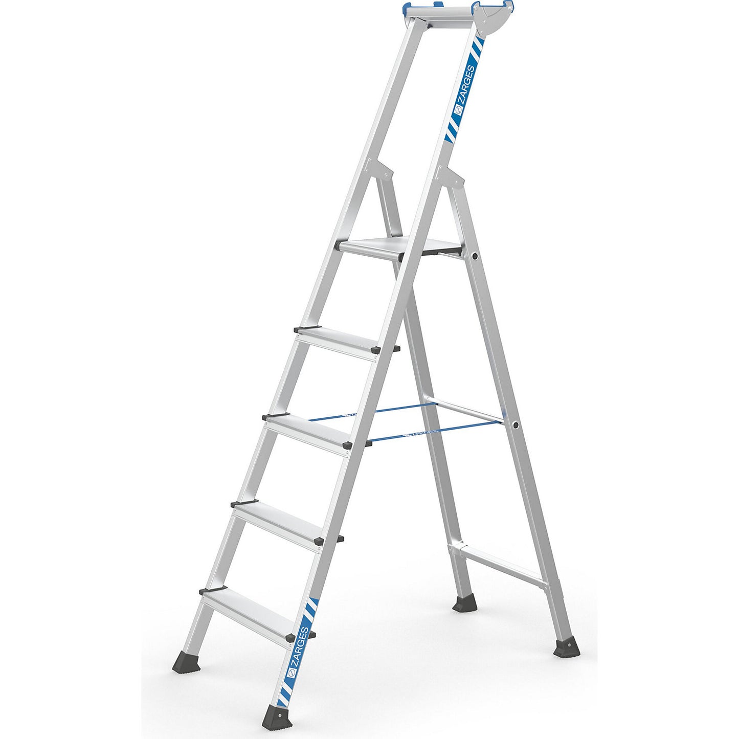 Professional step ladder, single sided access, anodised aluminium, with tool tray, for workshop and industrial use, 5 steps inclusive platforms.