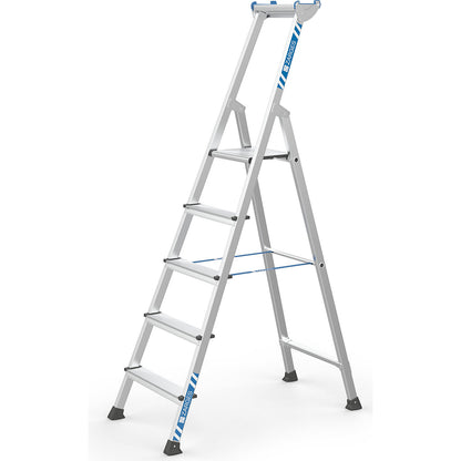 Professional step ladder, single sided access, anodised aluminium, with tool tray, for workshop and industrial use, 5 steps inclusive platforms.