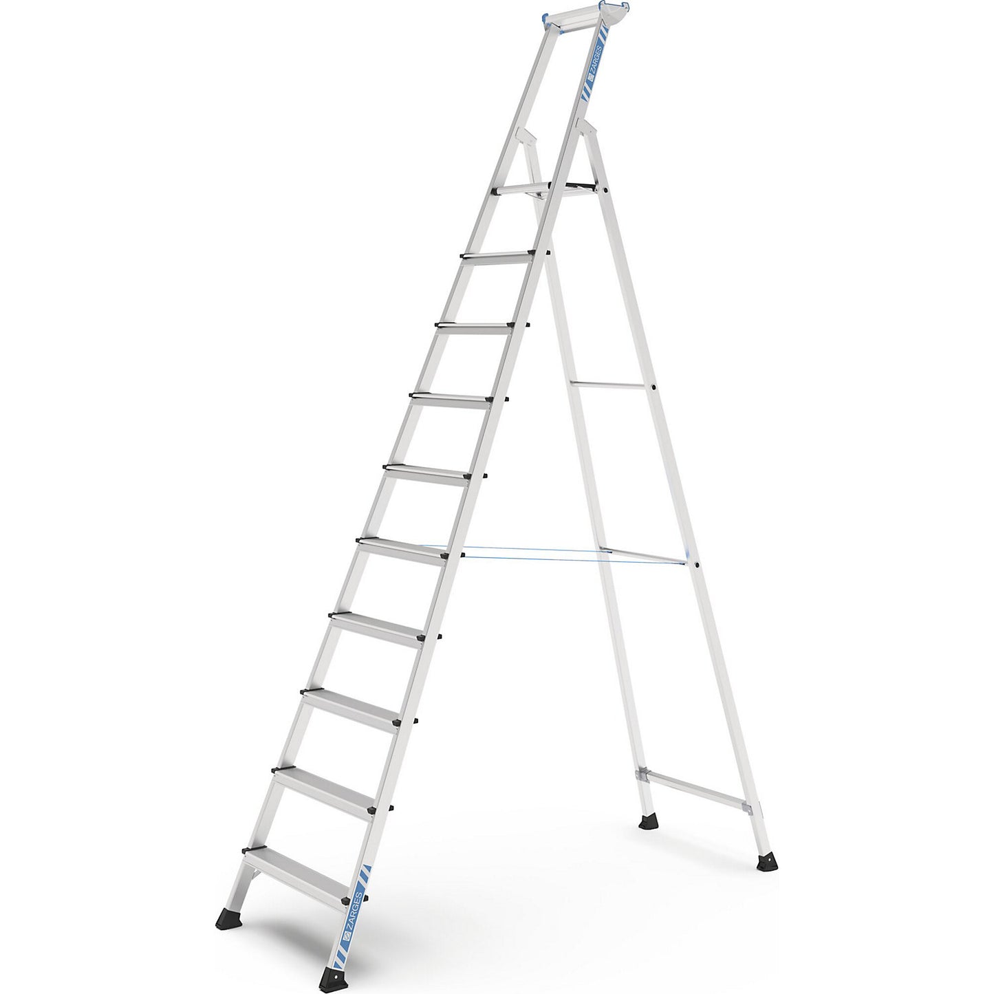 Professional step ladder, single sided access, anodised aluminium, with tool tray, for workshop and industrial use, 10 steps incl. platform.